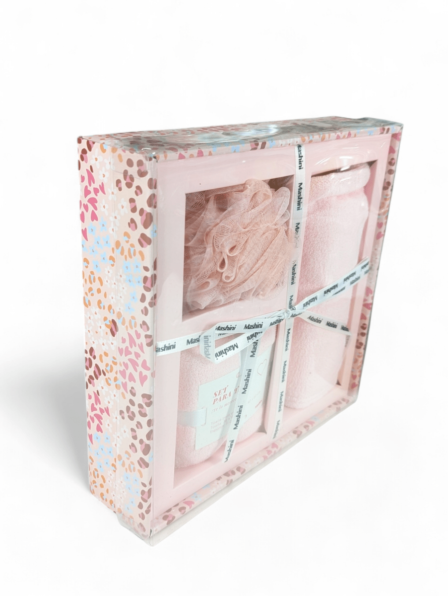 SET DE REGALO 2 TOALLAS + ESPONJA EN CAJA ROSA2