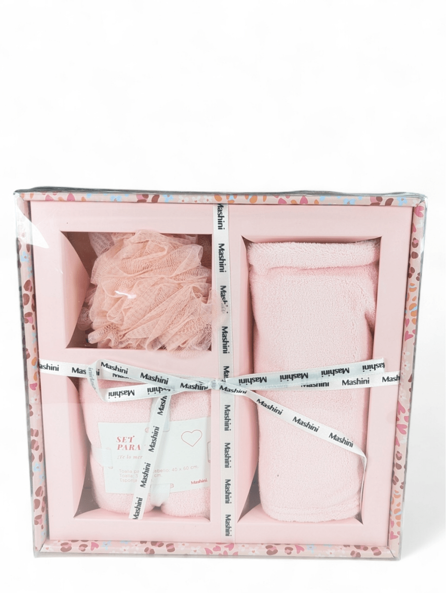 SET DE REGALO 2 TOALLAS + ESPONJA EN CAJA ROSA1