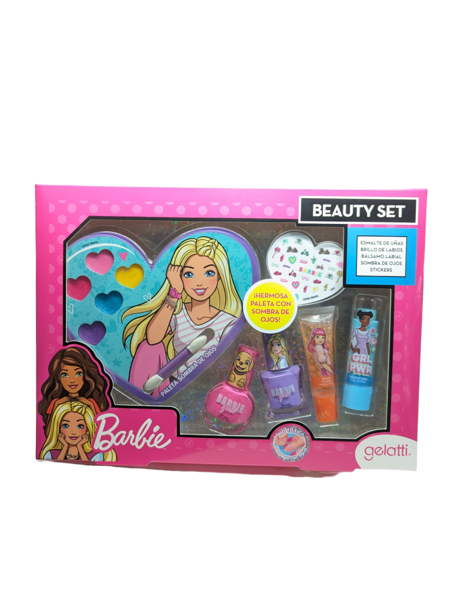 SET MAQUILLAJE ESMALTE+SOMBRAS+GLOSS LABIAL+STICKERS BARBIE1