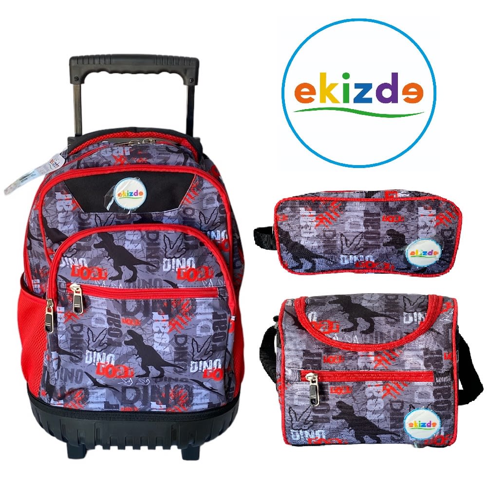 MOCHILA ESCOLAR DINOSAURIO EKIZDE REFORZADA: PACK 3 PIEZAS CON LONCHERA Y ESTUCHE1