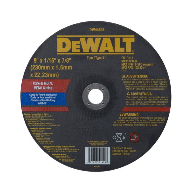 Disco de Corte 230 mm x 1,6 mm para Metal/Acero Inoxidable DEWALT DW446031