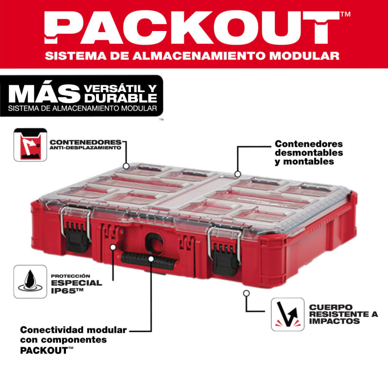 Kit Sistema de Almacenamiento Modular PACKOUT Caja con Ruedas + Caja Grande + Organizador MILWAUKEE4