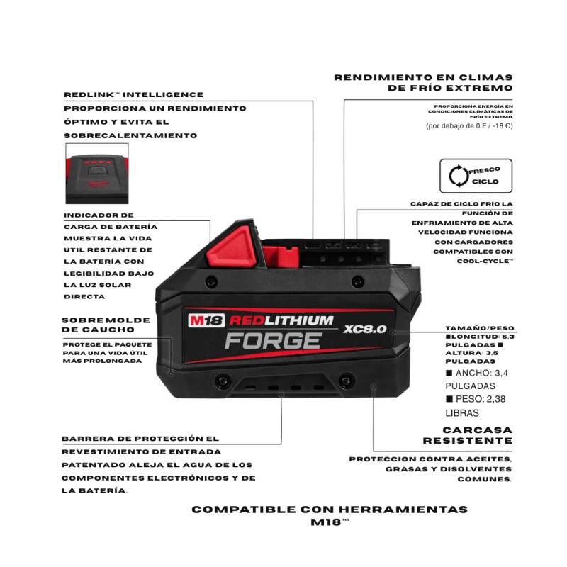 Kit Bateria Forge XC8.0 mas Cargador Rápido M18 REDLITHIUM MILWAUKEE 48-59-18812