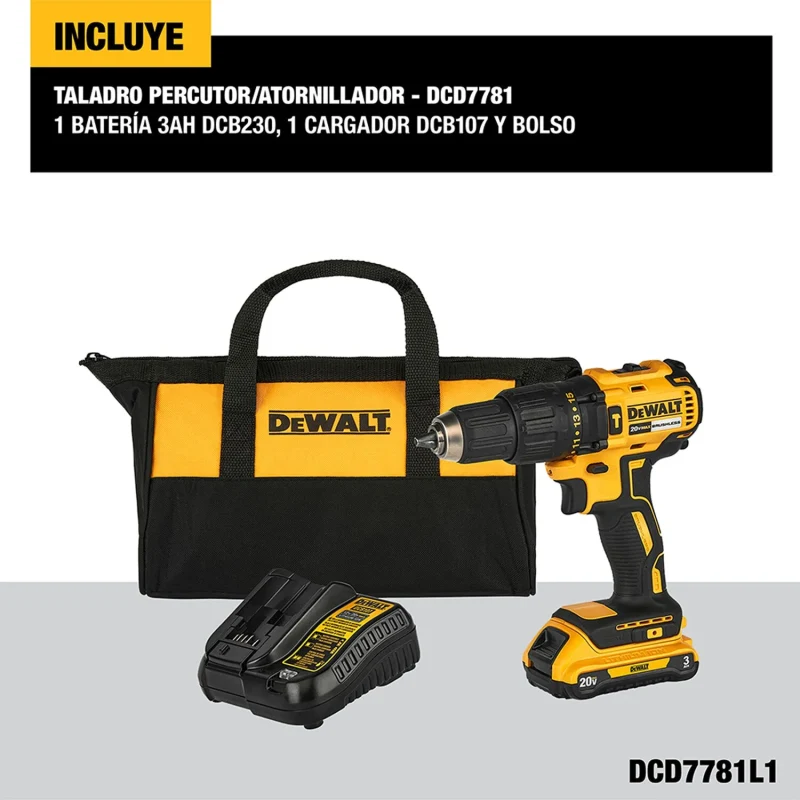 Kit de Taladro Percutor 13mm Inalámbrico 20V DEWALT DCD7781L1-B21