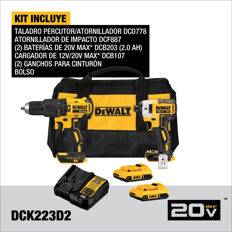 Kit Taladro + Atornillador De Impacto Inalámbrico 20v DEWALT DCK223D2-B22