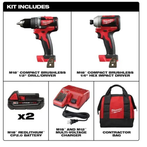 Kit Taladro Percutor Y Atornillador De Impacto MILWAUKEE 18v Color Rojo Incluye 2 Baterías + BOLSO2