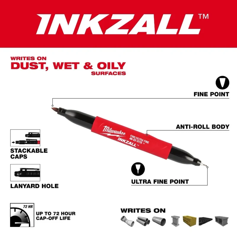 Marcador Doble Punta Negro Punta Ultra Fina y Fina INKZALL MILWAUKEE 48-22-31152