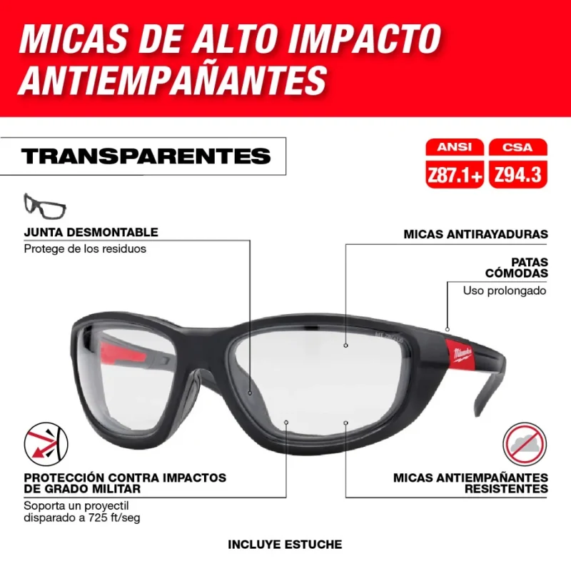 Lentes de Seguridad de Alto Rendimiento Transparentes con Sello MILWAUKEE 48-73-20402