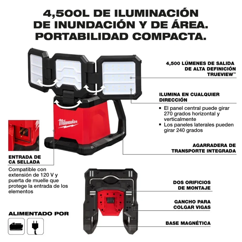Luz de Área Triple Panel ROVER Dual Power 4.500 Lúmenes M18 MILWAUKEE 2368-202