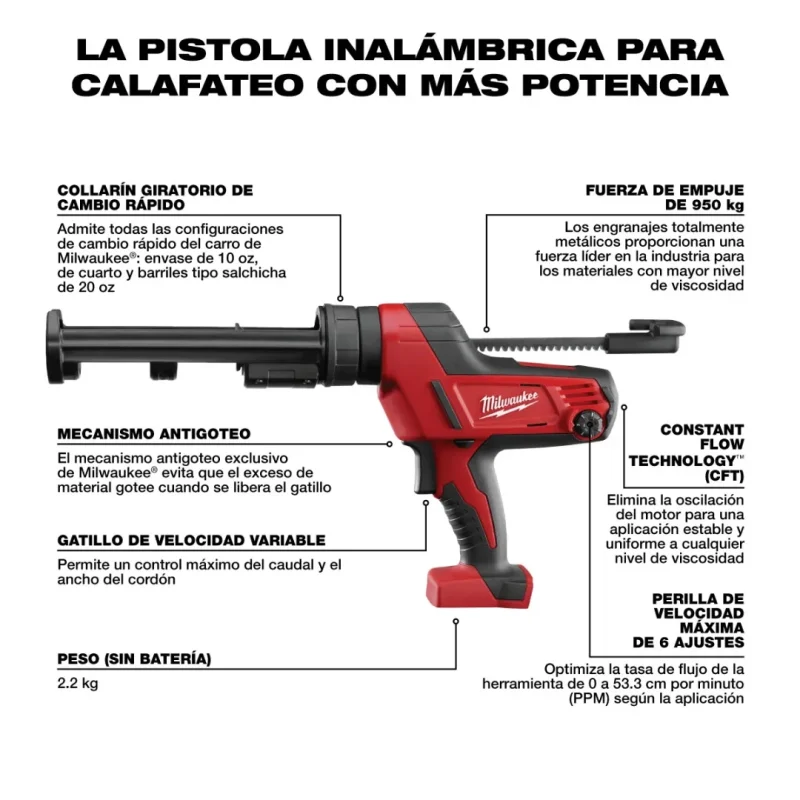Pistola Calafateo y Adhesivo Inalámbrica 10 oz 950 lb M18 MILWAUKEE 2641-202