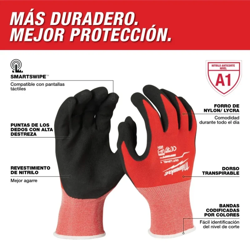 Guantes Anticorte Nivel 1 con Recubrimiento de Nitrilo Talla L SMARTSWIPE MILWAUKEE 48-22-8902B2