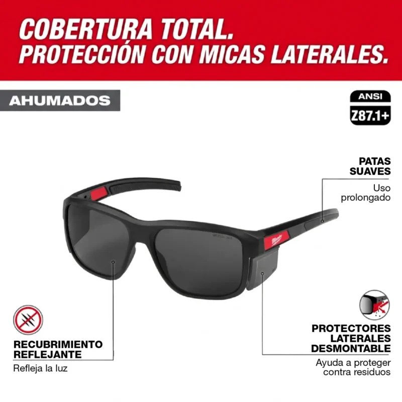 Lentes de Seguridad Marco Completo Lentes Tintados Antirrayas con Protectores Laterales Desmontables MILWAUKEE 48-73-25142