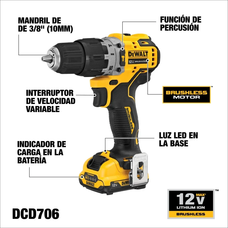 Kit Taladro Percutor/atornillador Inalámbrico 12v Max Xr DEWALT DCD706F2-B23