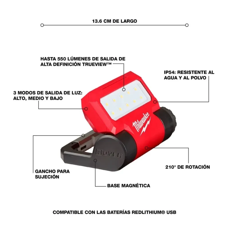 Luz de Trabajo Pivotante ROVER 550 Lúmenes USB REDLITHIUM MILWAUKEE 2114-213