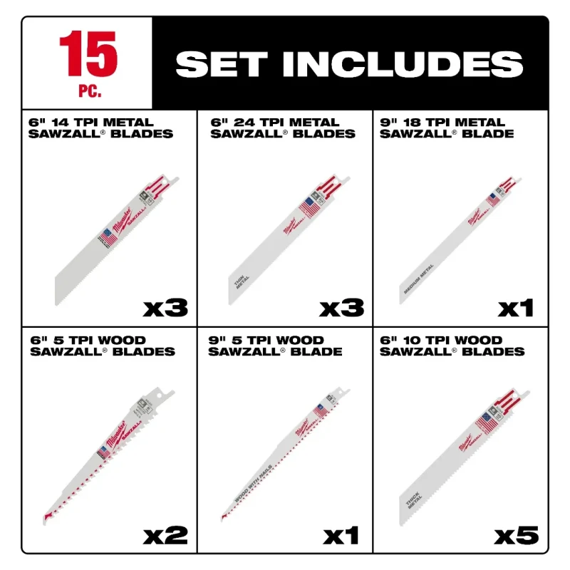 Set de Hojas SAWZALL® Uso General 10 Piezas Bi-Metal MILWAUKEE 49-22-11103