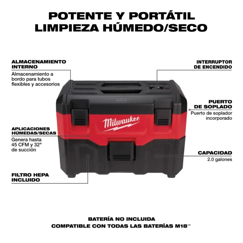 Aspiradora Seco/Húmedo 2 Galones (7,5 L) 18V M18 MILWAUKEE 0880-203