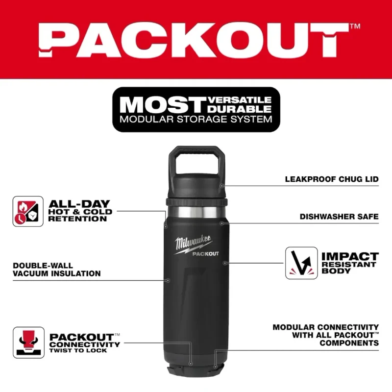 Botella Térmica Aislada 24 oz con Tapa Chug PACKOUT MILWAUKEE 48-22-8396B4
