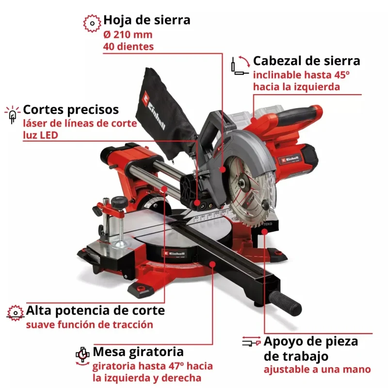 Sierra Ingleteadora Deslizante 210mm 3.800 RPM 18V Power X-Change EINHELL 43008804