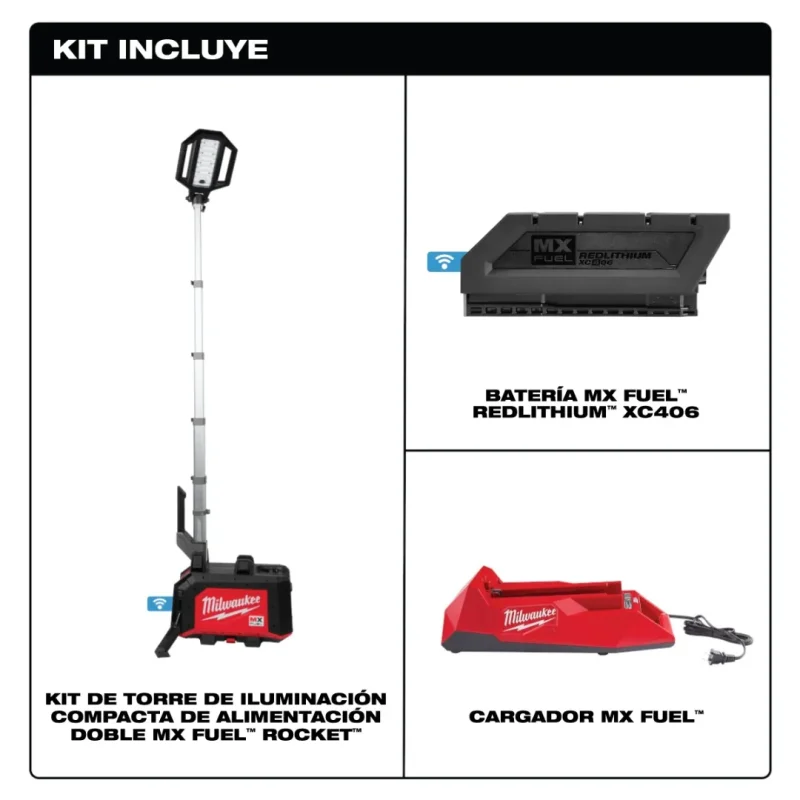 Kit Torre de Iluminación ROCKET Doble Alimentación Compacta 15.000 Lúmenes MX FUEL MILWAUKEE MXF040-1XC4