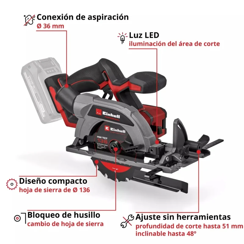 Sierra Circular Inalámbrica Compacta 136mm Brushless 18V Power X-Change EINHELL 43312404