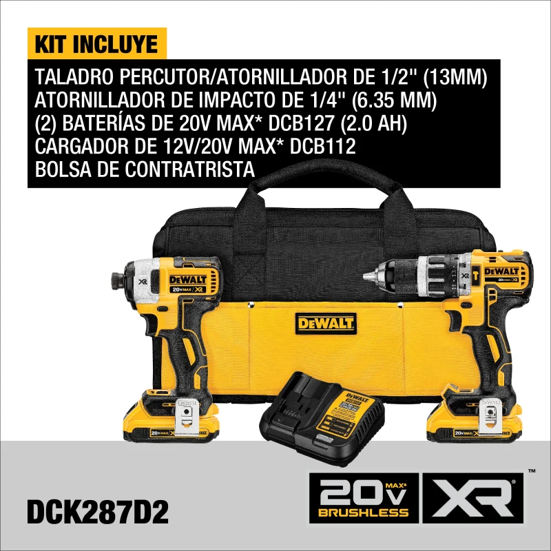 Kit Taladro Percutor + Atornillador De Impacto Inalambrico 20v Xr DEWALT DCK287D2-B25