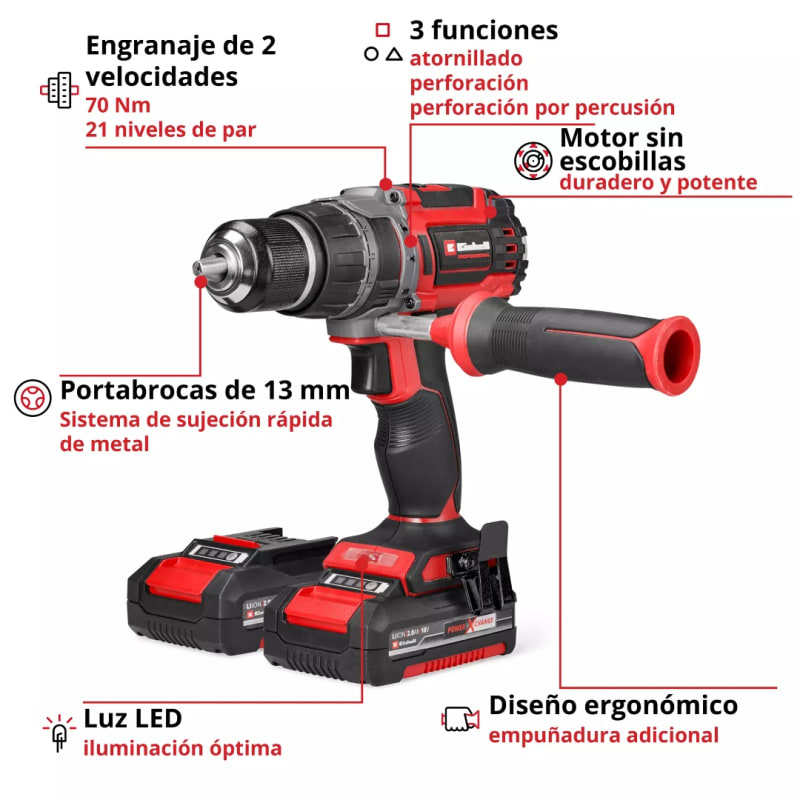 Kit Taladro Percutor 13mm 70 Nm Brushless 18V Power X-Change EINHELL 45143162