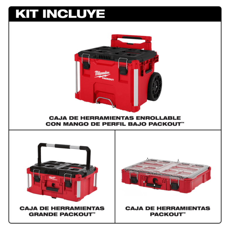 Kit Sistema de Almacenamiento Modular PACKOUT Caja con Ruedas + Caja Grande + Organizador MILWAUKEE7