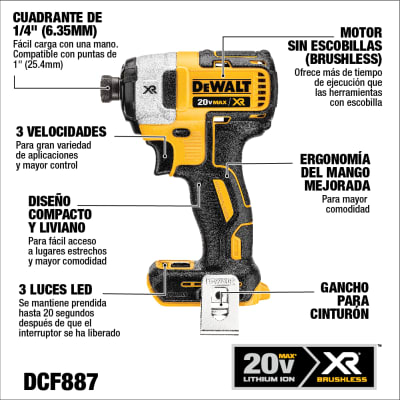 Kit Atornillador De Impacto Inalámbrico 20v Xr DEWALT DCF887M2 2