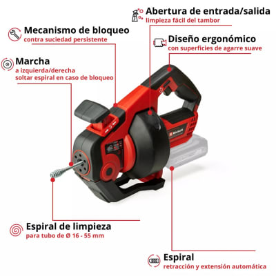 Limpiador de Drenaje 7,6 m Espiral 18V Power X-Change EINHELL 4514160 2