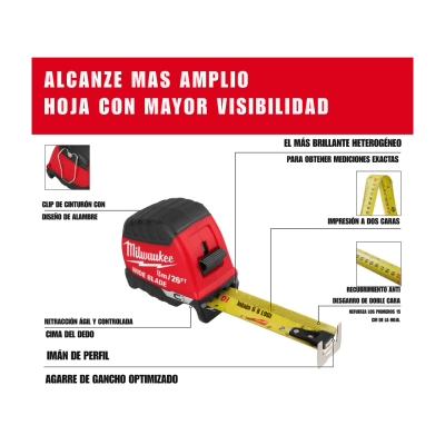 Huincha Métrica Magnética Hoja Ancha 8 m/26 pies MILWAUKEE 48-22-1226M 2