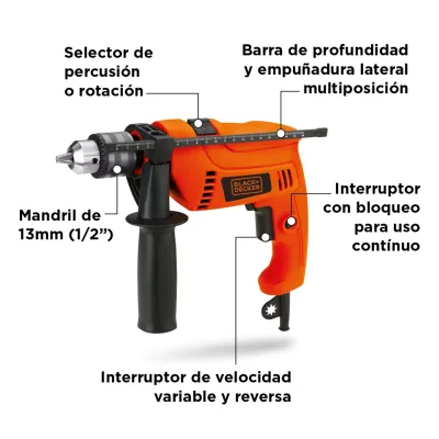 Taladro Percutor 13 mm 550w Eléctrico 220v Black+decker HD555-B2C 2