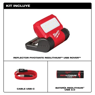 Luz de Trabajo Pivotante ROVER 550 Lúmenes USB REDLITHIUM MILWAUKEE 2114-21 2