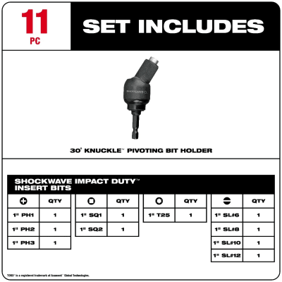 Set Portapuntas Pivotante 30° KNUCKLE 11 Piezas SHOCKWAVE MILWAUKEE 48-32-2301 2
