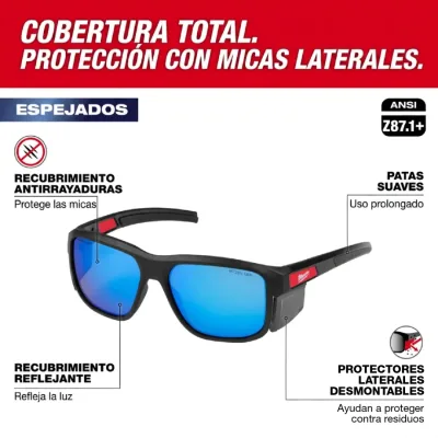 Lentes de Seguridad Marco Completo con Protectores Laterales Desmontables Lentes Azul Espejo Antirayadura MILWAUKEE 48-73-2510 2