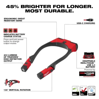 Luz de Cuello 400 Lúmenes REDLITHIUM USB MILWAUKEE 2117-21 3