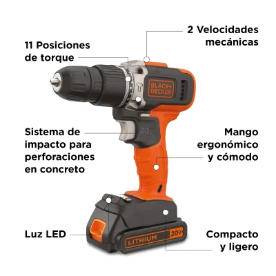 Taladro Atornillador/percutor Inalámbrico 20v Black+decker BCD704C1-B2 3