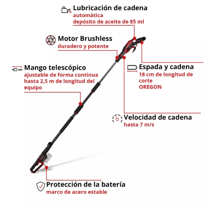 Podadora de Altura Telescópica 20 cm 7 m/s Brushless 18V Power X-Change EINHELL 3410971 3