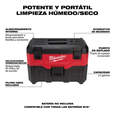 Aspiradora Seco/Húmedo 2 Galones (7,5 L) 18V M18 MILWAUKEE 0880-20 3