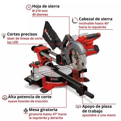 Sierra Ingleteadora Deslizante 210mm 3.800 RPM 18V Power X-Change EINHELL 4300880 4