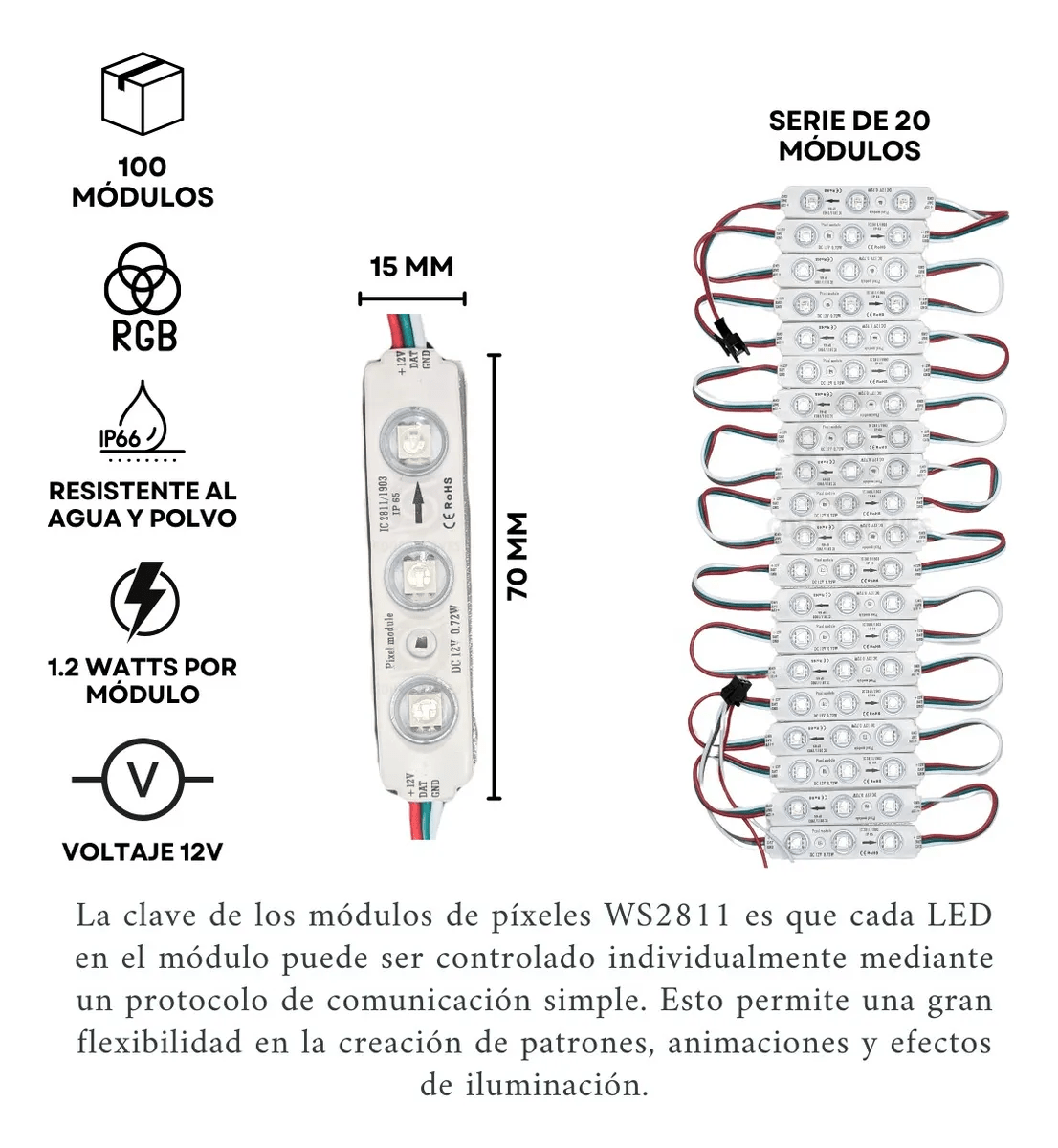 Tira 20 Módulo Digital ws2811 RGB 12V 1,6W IP65 170°8