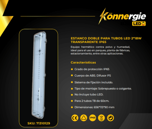 Canoa Estanco 60cm para 2 tubos, IP65 (sin tubos) (kn)2