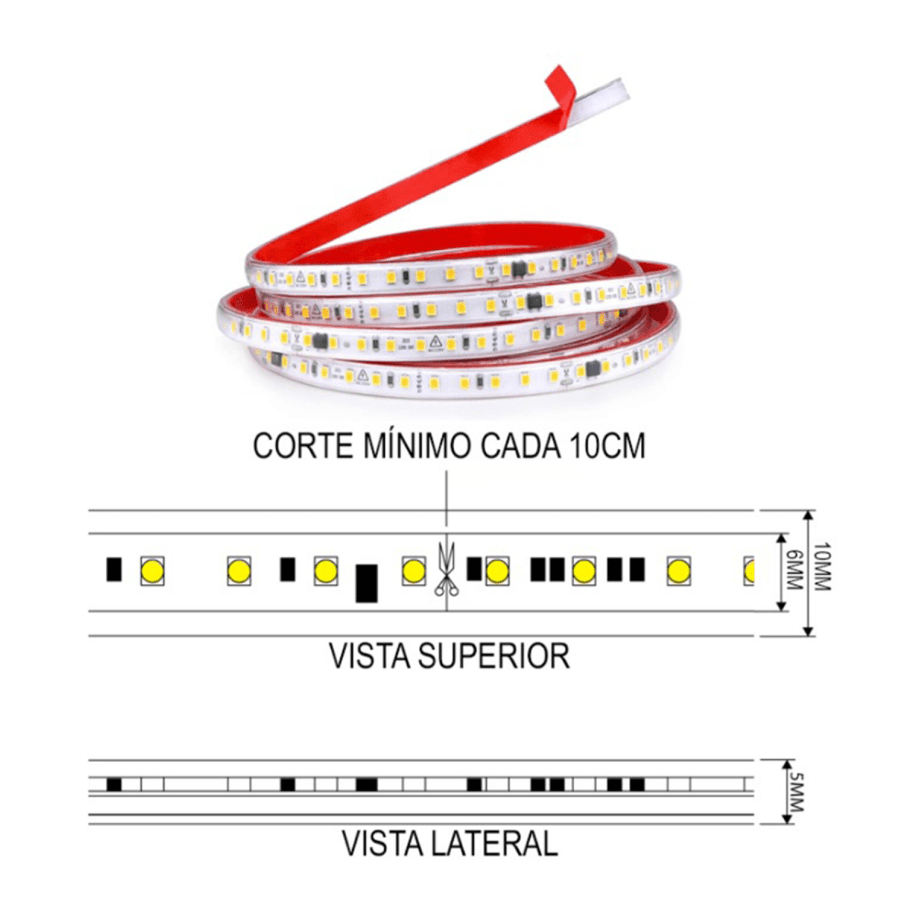 Cinta Led 220V New Gen 3000K Luz Cálida corte 10cm c/adhesivo IP65 100mt3