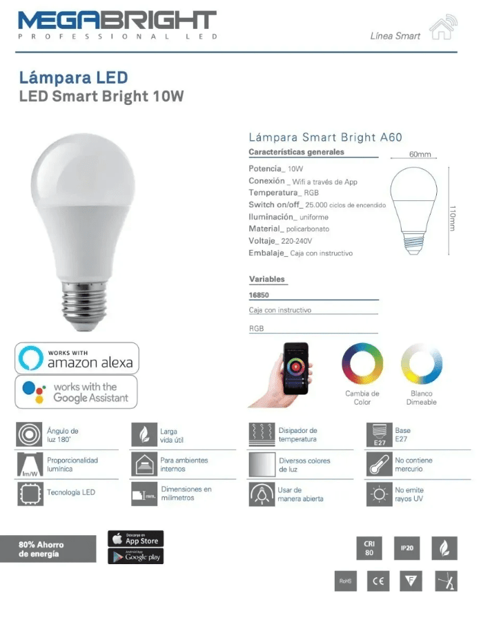 Ampolleta Smart Bright 10W RGB 2700K a 6500K E27 A60 WiFi Dimeable5