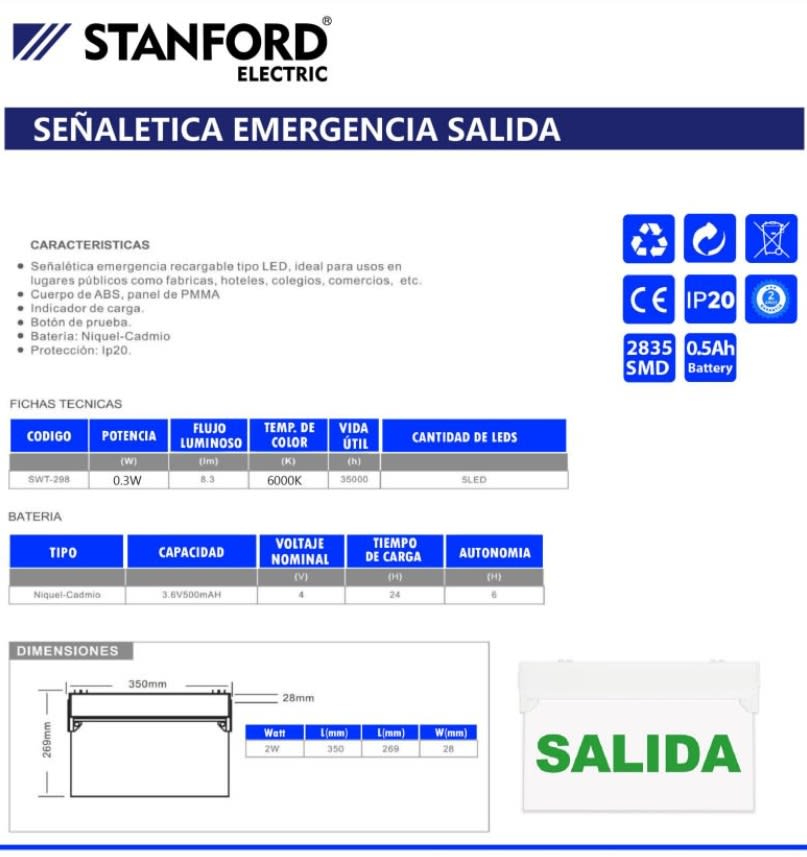 Señalética Emergencia SALIDA - Autonomía 3hrs IP203
