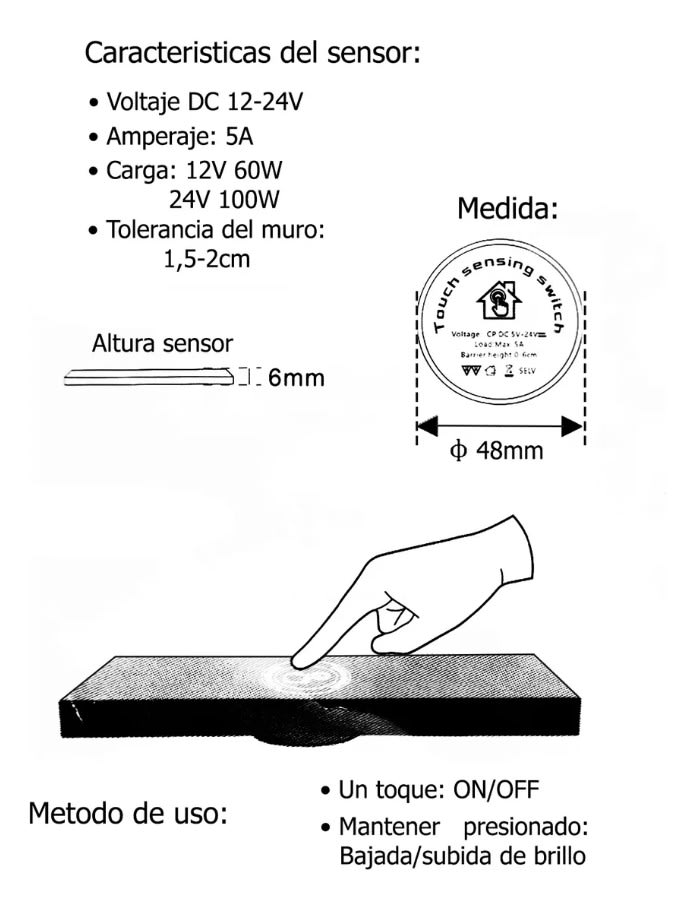 Sensor Touch Oculto 12-24V 5A tras Panel hasta 10mm5