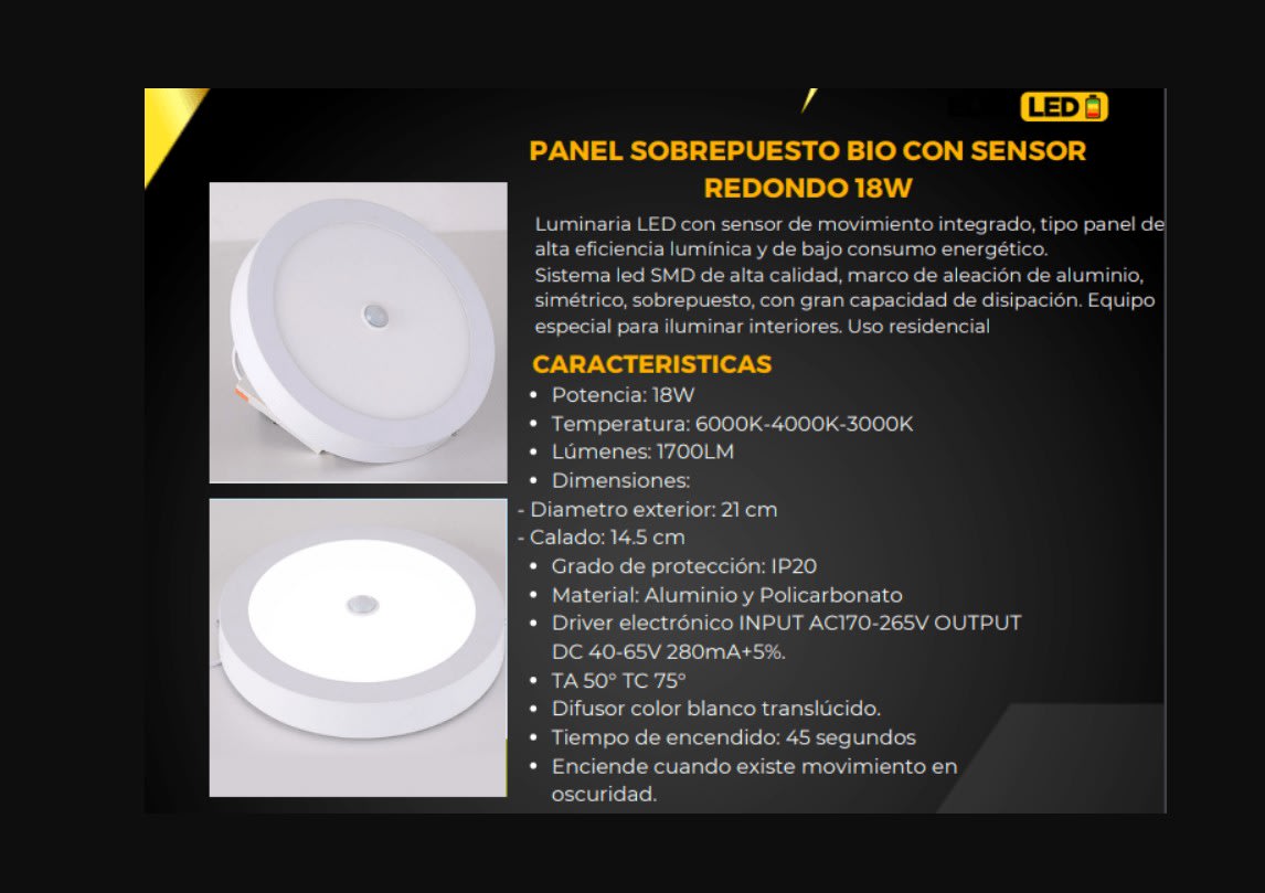 Panel 18W Redondo Sobreponer 6000K Luz Fría Sensor Mov.5