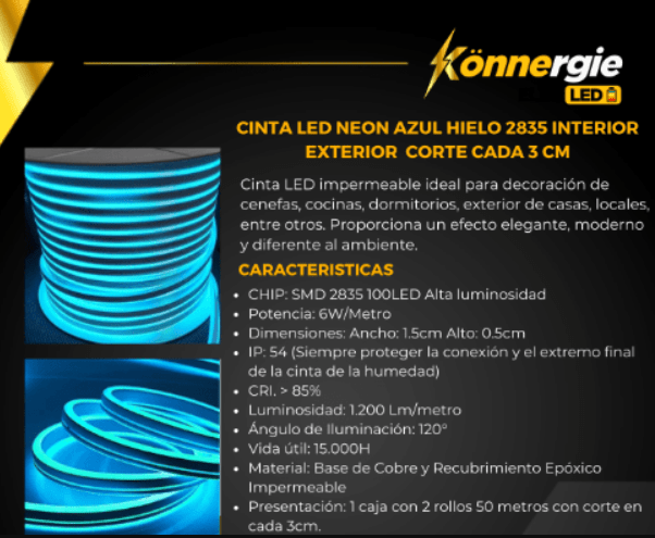 Neón Led 12V 6W/m 50mt Azul Hielo Celeste SEC (kn)6
