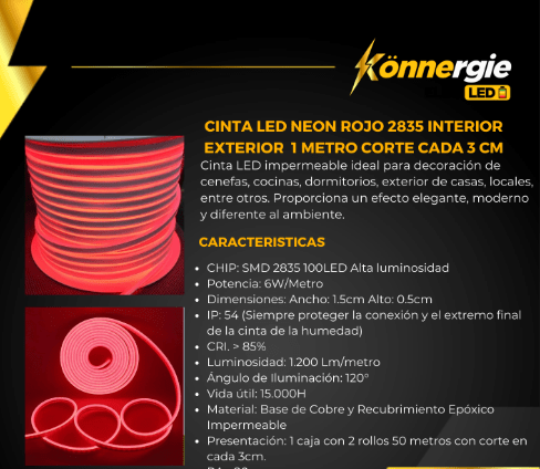 Cinta Led Neón 12V 2835 6W/m IP68 120Led/m 50mt Rojo (kn)7