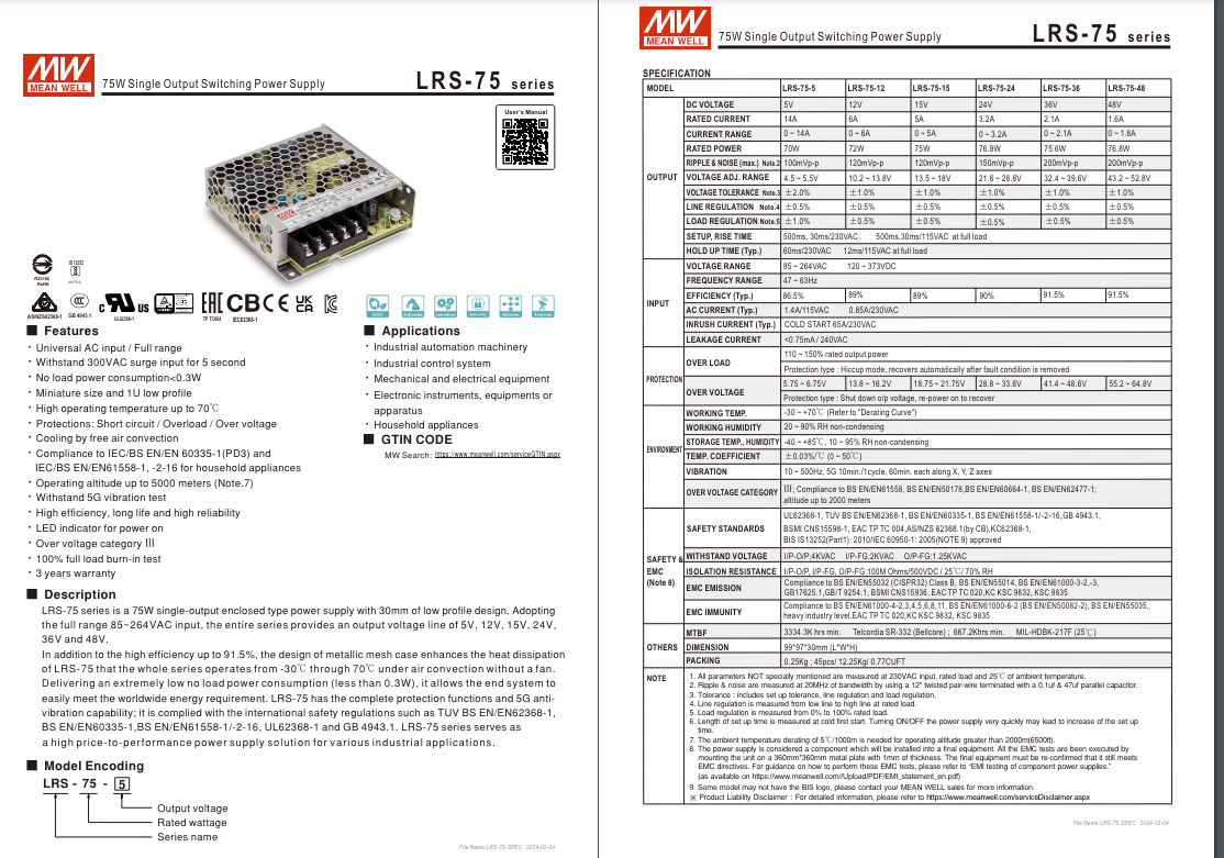 Fuente de Poder Mean Well 12V 6A 75W LRS-75-12 (99x97x30mm)6