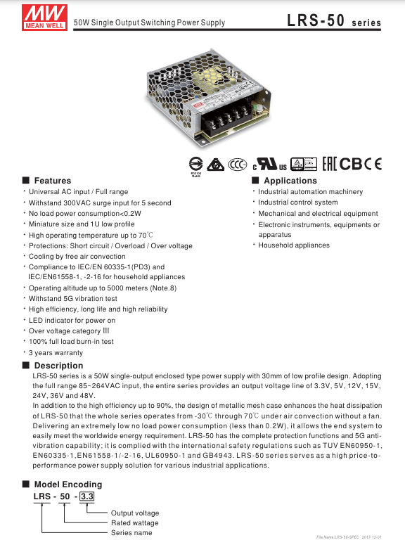 Fuente de Poder Mean Well 5V 10A 50W LRS-50-5 (99x82x30mm)5
